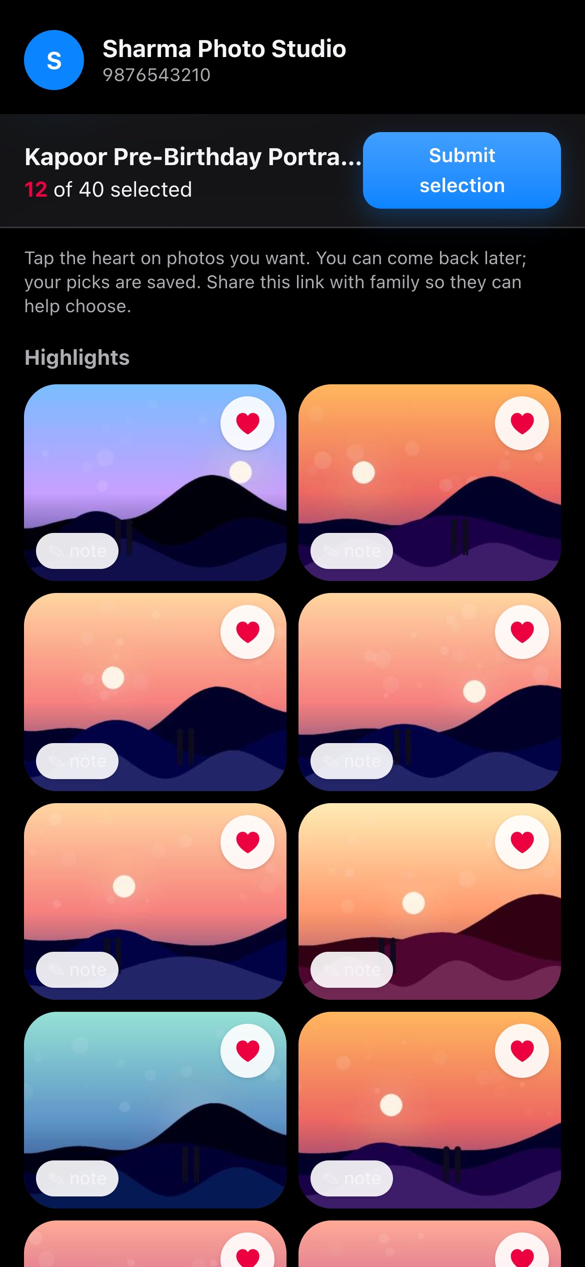 Client gallery with hearts on a phone