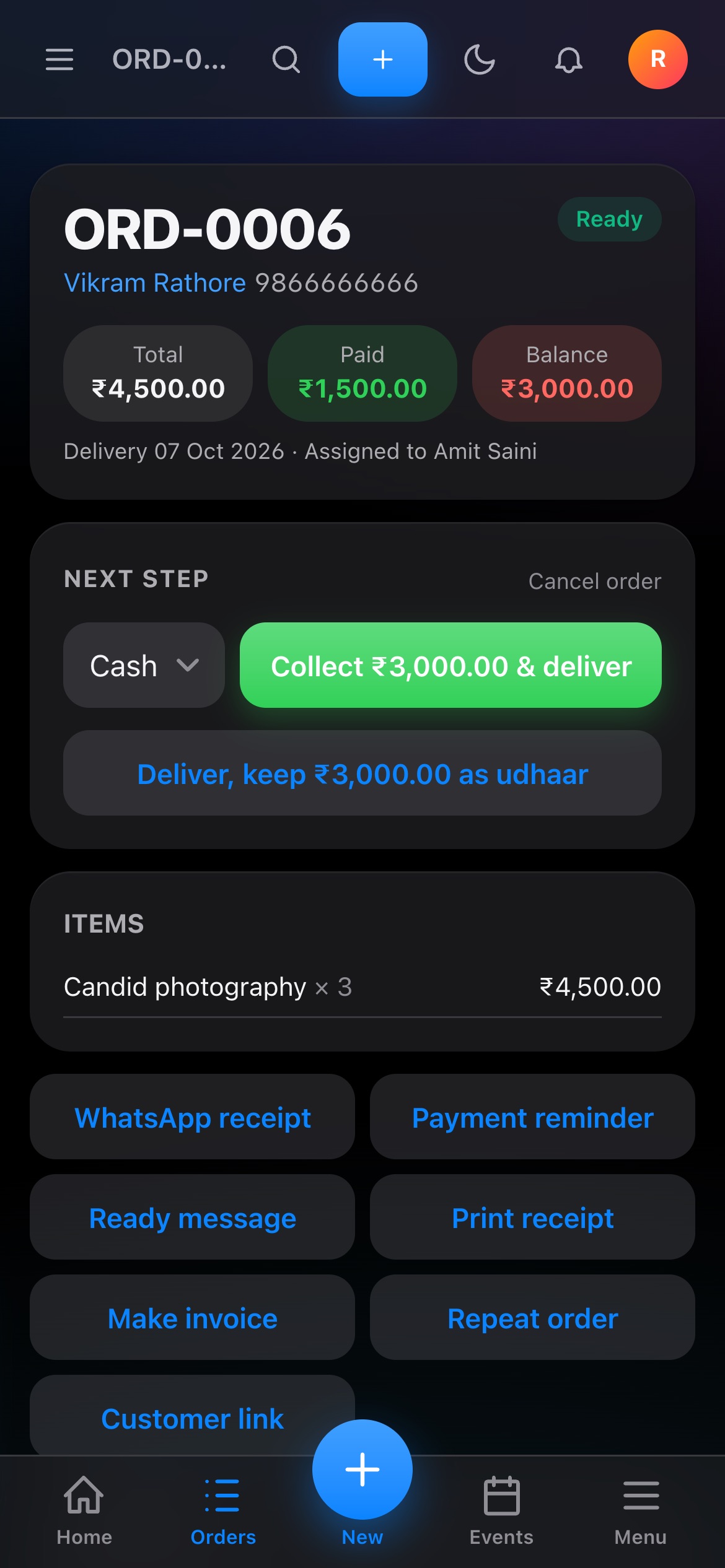 Order screen on a phone with one-tap collect and deliver